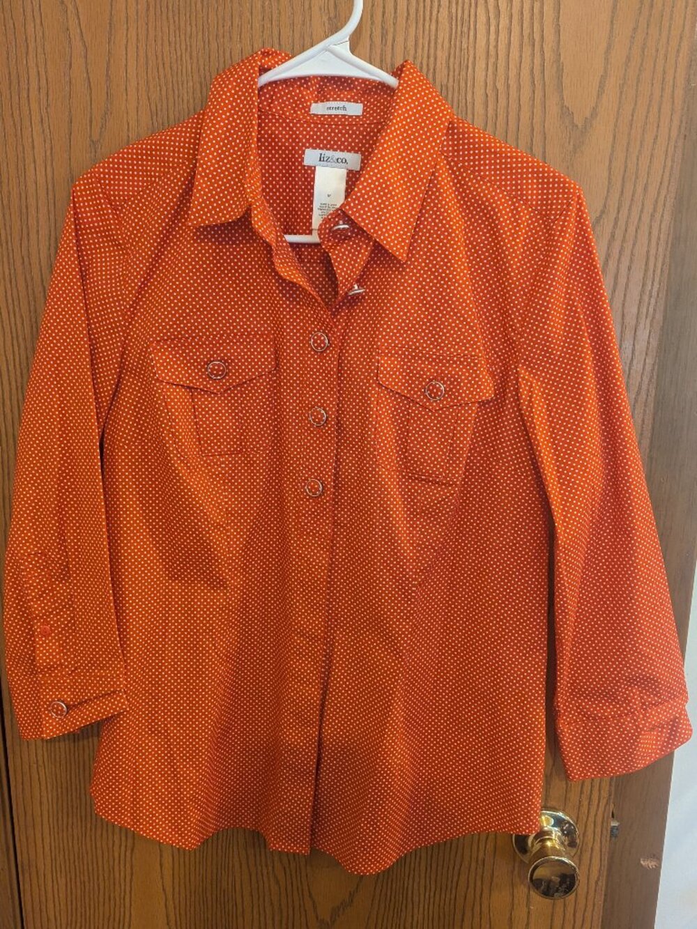 Liz & Co. 3/4 Sleeve Button Collar Polka Dot Blouse Orange/Red & White-Women's M
